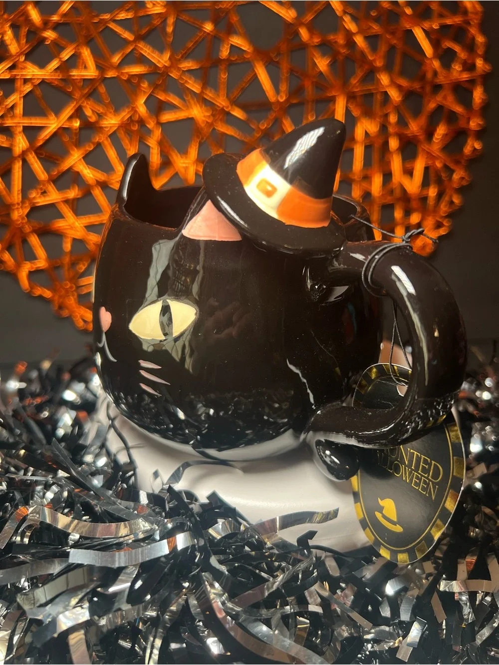 Halloween Black Cat Shaped Ceramic Mug with Witch Hat Handle Kitty Kitten